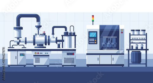 High-Tech Industrial Production Facility Illustration Featuring Automated Manufacturing Machinery and Scientific Laboratory Equipment for Advanced Processing and Development