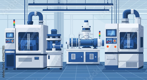 Modern High-Tech Laboratory Interior with Advanced Industrial Machinery for Research and Manufacturing Processes, Automation, and Precision Equipment