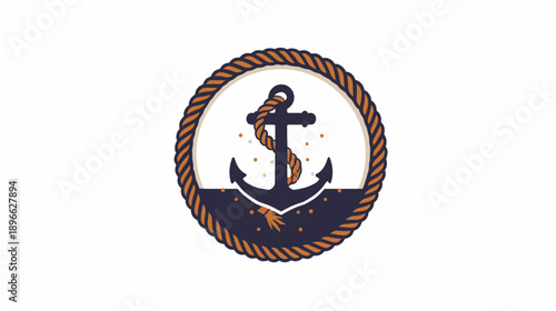A nautical illustration features an anchor within a circular frame of rope against a white backdrop