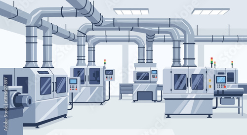 Automated industrial factory floor interior with modern machinery and piping systems, illustrating advanced manufacturing processes and efficient production in a clean, high-tech facility
