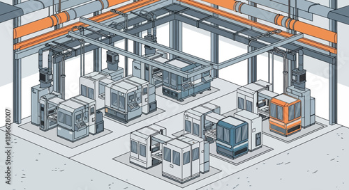 Modern Automated Factory Floor Illustration with Precision CNC Machining Equipment and Integrated Industrial Production Processes for Manufacturing