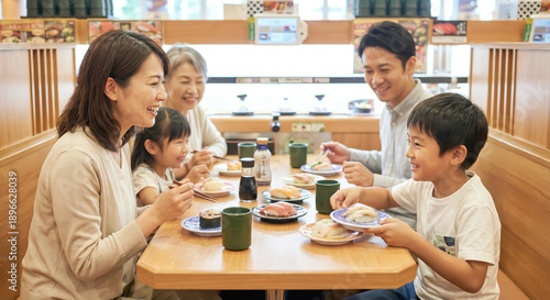 日本の回転寿司を楽しむ家族