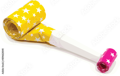 Celebratory party blowouts with yellow star pattern and pink nozzle on a festive background viewed from the side