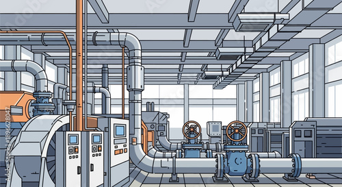Vibrant illustration showcasing a modern industrial facility interior, featuring a complex network of pipes, valves, and advanced machinery for efficient energy generation and manufacturing processes