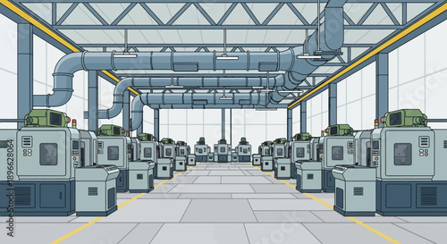 Automated production line inside a modern factory, showcasing an advanced industrial facility with numerous precision manufacturing machines for efficient mass production and technological innovation