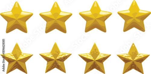 A collection of golden stars arranged in two rows on a plain background viewed from a straightforward perspective