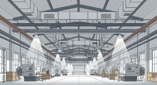 Expansive industrial manufacturing facility interior with advanced machinery and equipment under bright lighting, ready for large-scale production and modern technological processes and operations