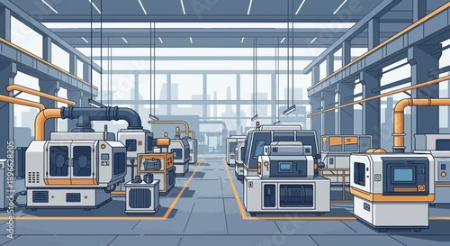 Modern industrial factory illustration with automated machinery, production lines, and a city skyline view, depicting advanced manufacturing technology and operational efficiency