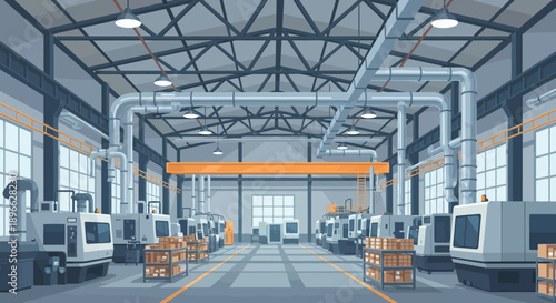 Modern industrial factory interior with rows of advanced CNC machines, an overhead crane, and organized production lines ready for manufacturing processes