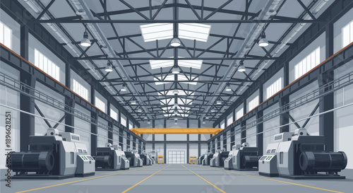 Spacious modern industrial factory interior with heavy machinery, gantry crane, and production line, depicting advanced manufacturing and automation