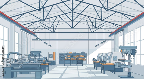 Modern industrial workshop interior vector illustration. Detailed scene of a manufacturing facility with heavy machinery, lathes, drill presses, and workbenches for production and engineering