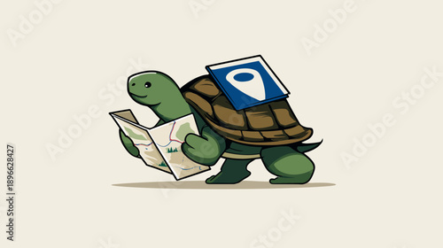 A cartoon turtle, smiling, holds an open map and carries a location marker on its shell