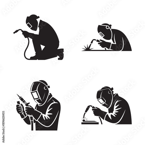 Set of four black silhouette icons showing professional welders performing metalwork tasks