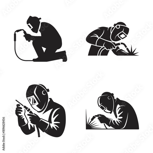 A collection of four black silhouette illustrations depicting a welder working in various poses