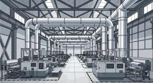 Modern industrial manufacturing facility interior with numerous advanced production machines, a high-tech plant designed for efficient automated processes and future development
