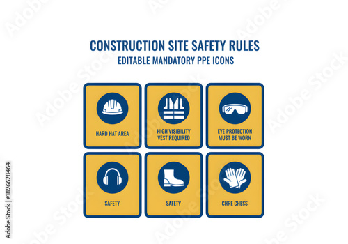 Construction site safety rules infographic with mandatory PPE icons yellow and blue png on transparent background