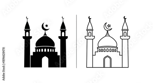 Islamic mosque icon with minaret and crescent Vector