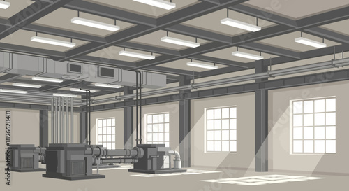 Spacious industrial manufacturing facility interior with heavy machinery and bright lighting, featuring large sunlit windows and detailed factory infrastructure for modern production processes