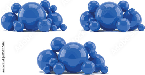 A cluster of blue spheres arranged in a triangular formation viewed from different angles