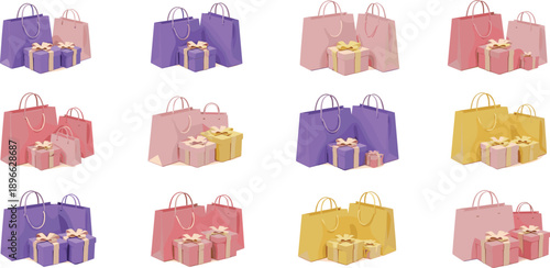 Assorted colorful handbags and gift boxes arranged in a grid pattern on a plain surface, viewed from directly above.