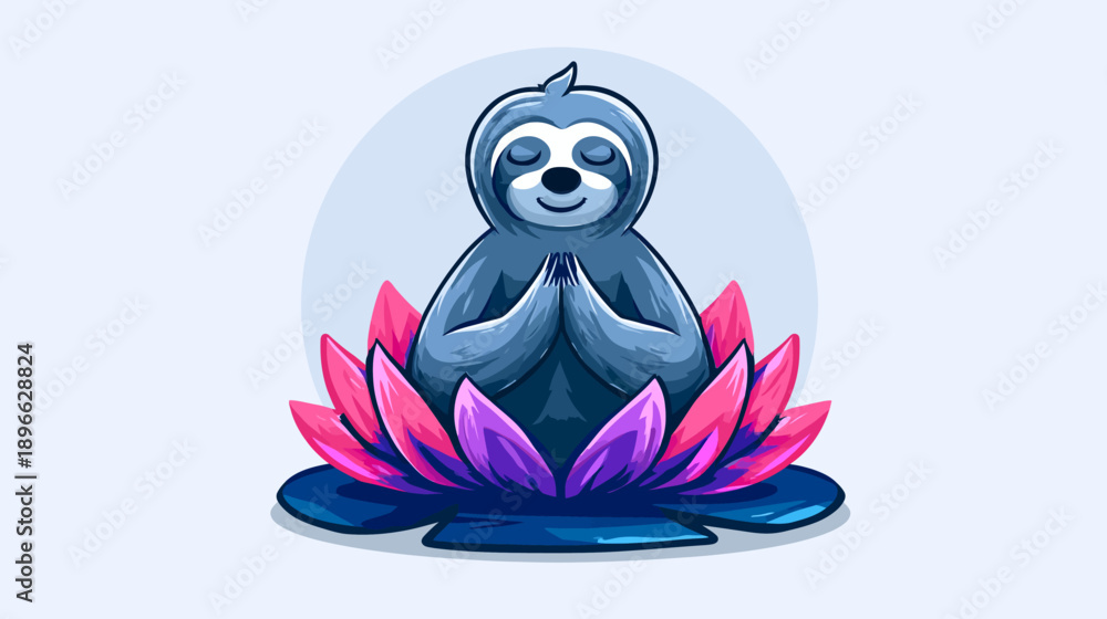 Fototapeta premium A smiling sloth in a meditative pose, resting within a colorful lotus flower on a light blue background