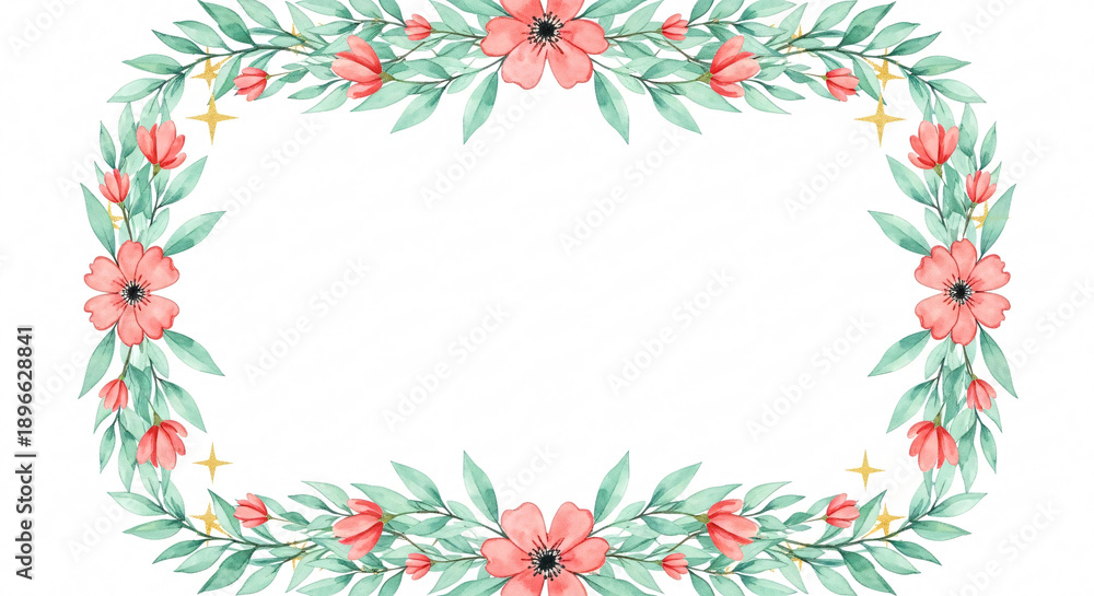 Naklejka premium Floral Frame with Pink Flowers and Green Leaves on White Background Elegant Botanical Border for Invitations and Greetings Card Design