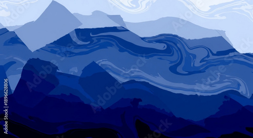 Abstract blue mountain range landscape with swirling patterns and dark shadows
