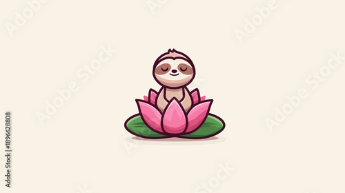 A smiling sloth with closed eyes meditating peacefully atop a vibrant pink lotus flower
