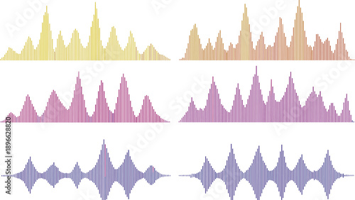Visual representation of colorful waveform graphs in different hues and symmetrical patterns