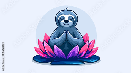 A smiling sloth in a meditative pose, resting within a colorful lotus flower on a light blue background