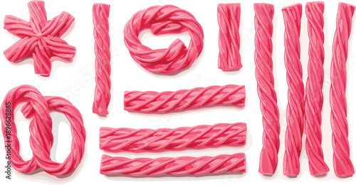 Assorted licorice ropes and twisted candies arranged neatly on a white surface from a top-down viewpoint