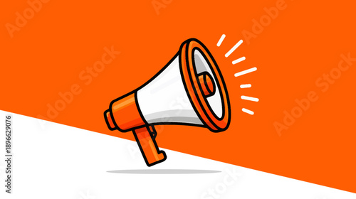 A cartoon megaphone in orange and white, on an orange and white background, with sound lines