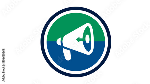 A circular logo featuring a white megaphone with an arrow and green/blue segments