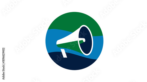 A circular graphic with layered colors and a megaphone.  Depicts an announcement