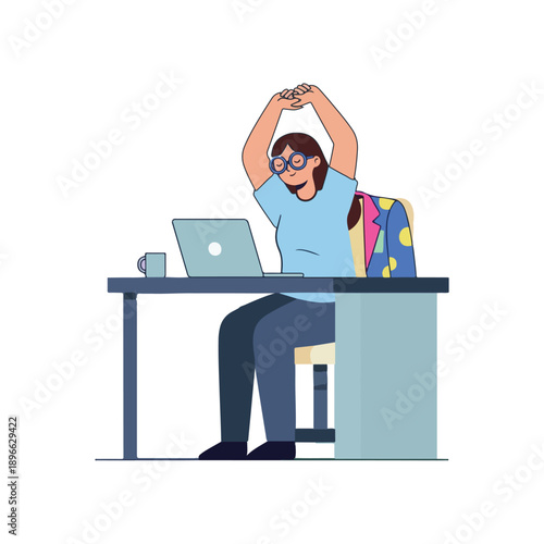 Office worker stretching arms at desk break time illustration