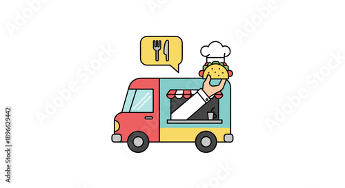 Cartoon Chef Serving Food from Truck.