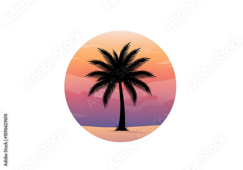Black palm tree silhouette on orange pink sunset PNG on transparent background