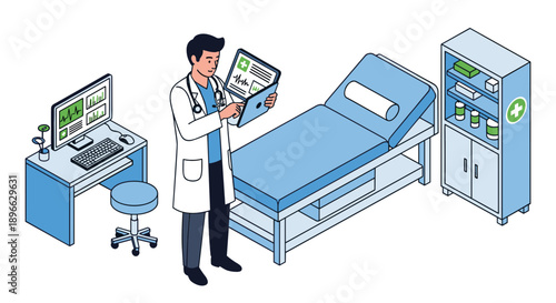 Doctor Examining Hospital Bed and Medical Records.