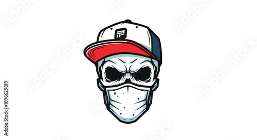 Illustration of Skull Wearing Baseball Cap and Mask.