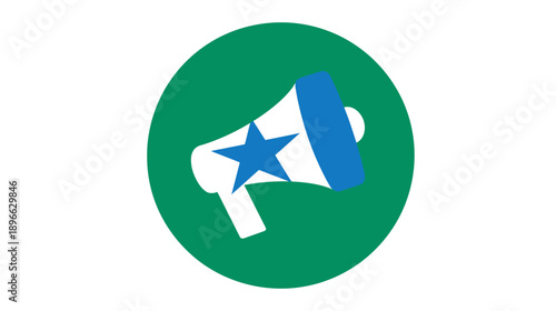 A stylized megaphone with a star inside a green circle on a white background