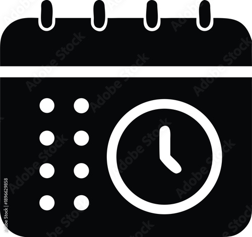 Black Calendar Icon with Clock and Dots on White Background
