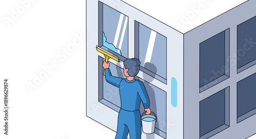 Man Cleaning Window with Squeegee Tool.