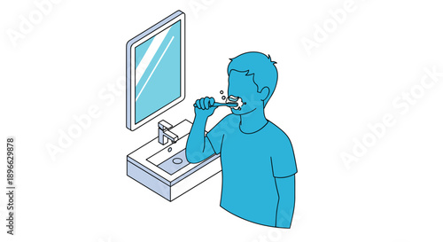 Man Brushing Teeth in Front Mirror.