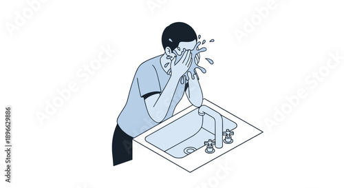 Man washing face with water splashing.
