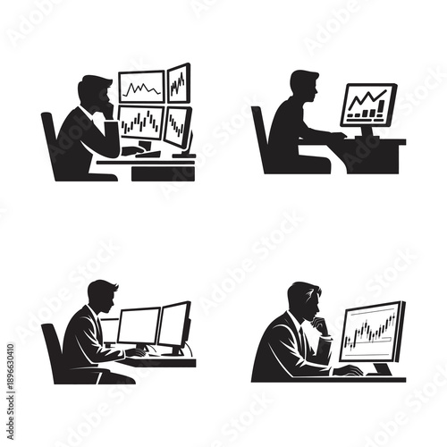 Financial analyst or stock trader monitoring market data on computer screens