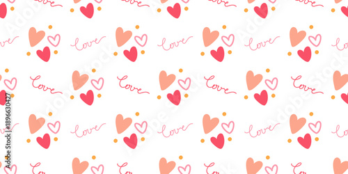 Seamless Valentine love pattern with hearts and handwritten text, hand drawn romantic design. Vector love background 
