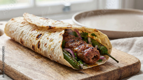 Adana kebab wrapped in flatbread with grilled peppers is served.