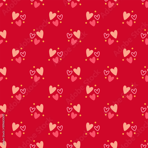 Seamless Valentine heart pattern on red background, hand drawn romantic elements. Vector love background
