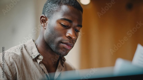 Close-up portrait of a young african-american man sitting at a desk and working on a laptop. he is wearing a beige collared shirt and appears to be focused on the screen of the laptop.