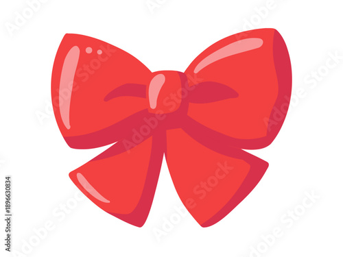 Bright red glossy gift bow with ribbon. Decorative celebration element. Vector isolated cartoon illustration on white background